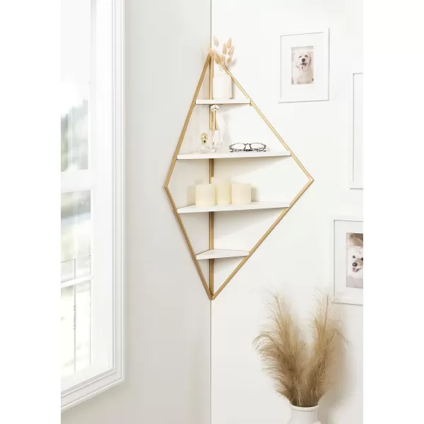 Kate and Laurel Melora Modern Glam Corner Shelf 24 x 17 x 38 White and Gold Glamorous Floating Corner Shelving with Four Shelves and Unique Geometric ShapeWhite and Gold