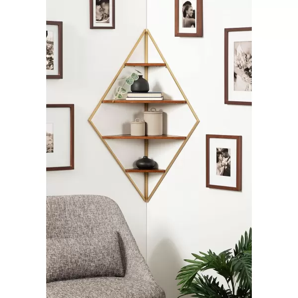 Kate and Laurel Melora Modern Glam Corner Shelf 24 x 17 x 38 White and Gold Glamorous Floating Corner Shelving with Four Shelves and Unique Geometric ShapeWalnut Brown