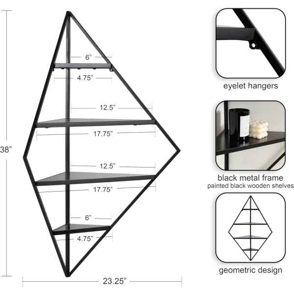 Kate and Laurel Melora Modern Glam Corner Shelf 24 x 17 x 38 White and Gold Glamorous Floating Corner Shelving with Four Shelves and Unique Geometric ShapeBlack