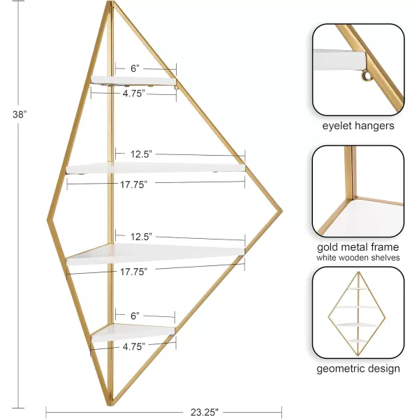 Kate and Laurel Melora Modern Glam Corner Shelf 24 x 17 x 38 White and Gold Glamorous Floating Corner Shelving with Four Shelves and Unique Geometric ShapeWhite and Gold