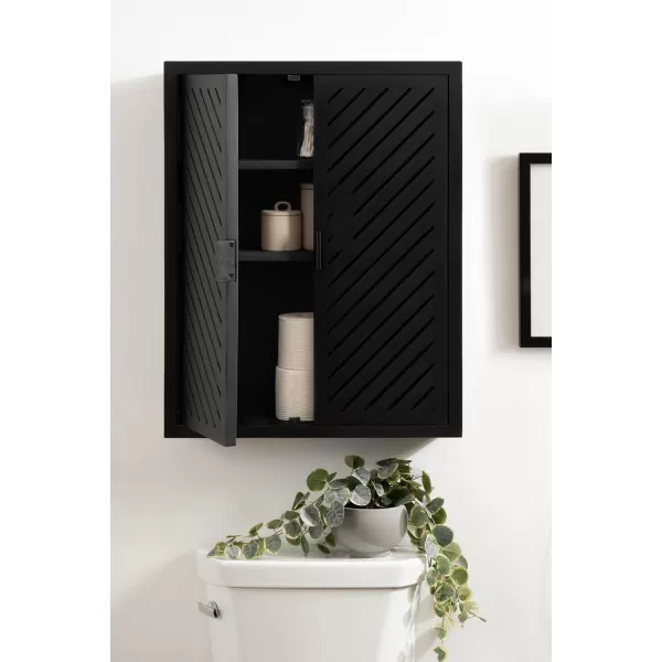 Kate and Laurel Mezzeta Decorative Modern TwoDoor Floating Bathroom Cabinet 22 x 7 x 28 Black Decorative Over Toilet Storage Cabinet Made from Solid Mango Wood with Slatted Chevron DesignBlack