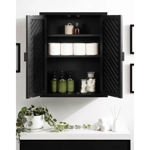 Kate and Laurel Mezzeta Decorative Modern TwoDoor Floating Bathroom Cabinet 22 x 7 x 28 Black Decorative Over Toilet Storage Cabinet Made from Solid Mango Wood with Slatted Chevron DesignBlack