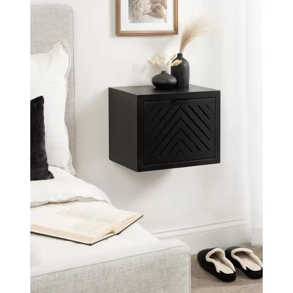 Kate and Laurel Mezzeta Modern Floating Shelf Side Table with Storage Cubby 16 x 10 x 12 Natural Wood Decorative Slatted Wood Floating Nightstand with Pull Down Door for Use as Bathroom StorageBlack