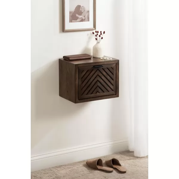 Kate and Laurel Mezzeta Modern Floating Shelf Side Table with Storage Cubby 16 x 10 x 12 Natural Wood Decorative Slatted Wood Floating Nightstand with Pull Down Door for Use as Bathroom StorageNatural