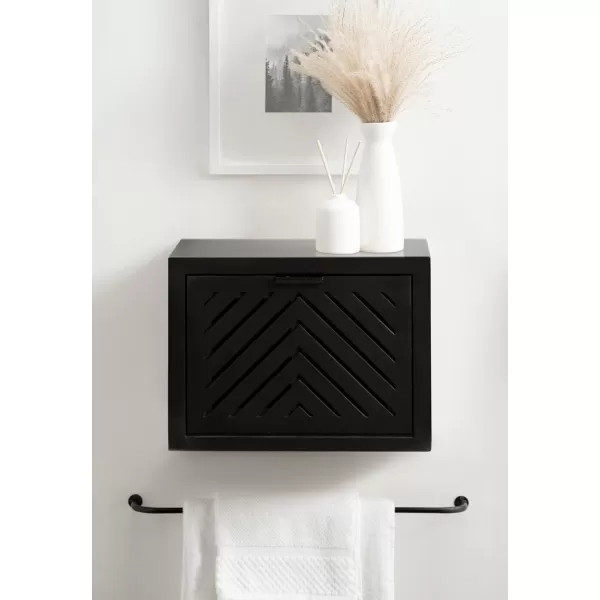 Kate and Laurel Mezzeta Modern Floating Shelf Side Table with Storage Cubby 16 x 10 x 12 Natural Wood Decorative Slatted Wood Floating Nightstand with Pull Down Door for Use as Bathroom StorageBlack