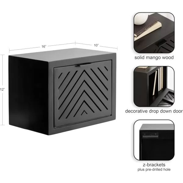 Kate and Laurel Mezzeta Modern Floating Shelf Side Table with Storage Cubby 16 x 10 x 12 Natural Wood Decorative Slatted Wood Floating Nightstand with Pull Down Door for Use as Bathroom StorageBlack