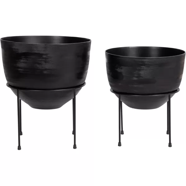 Kate and Laurel Navara Modern TwoPiece Round Metal Planter Set 2 Piece Set Black Planters for Indoor Plants with Engraved Texture and Size for Large Plants