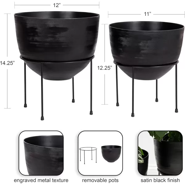 Kate and Laurel Navara Modern TwoPiece Round Metal Planter Set 2 Piece Set Black Planters for Indoor Plants with Engraved Texture and Size for Large Plants
