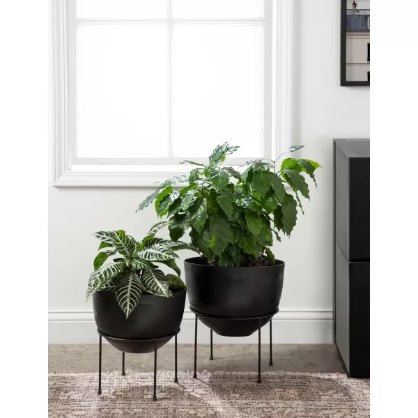 Kate and Laurel Navara Modern TwoPiece Round Metal Planter Set 2 Piece Set Black Planters for Indoor Plants with Engraved Texture and Size for Large Plants