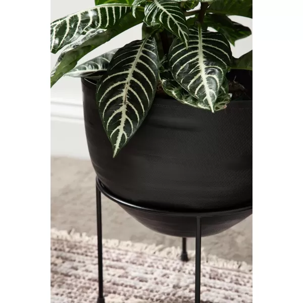 Kate and Laurel Navara Modern TwoPiece Round Metal Planter Set 2 Piece Set Black Planters for Indoor Plants with Engraved Texture and Size for Large Plants