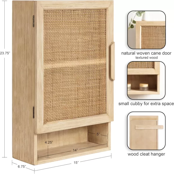 Kate and Laurel Ori Transitional Cane Wall Cabinet with Door 15 x 7 x 24 Natural Wood Decorative Rattan Over The Toilet Cabinet with Two Shelves and Bonus Storage CubbyNaturalCubby