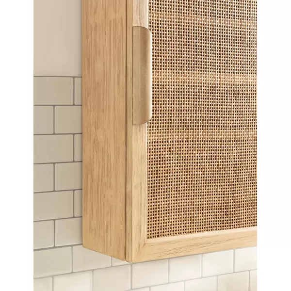 Kate and Laurel Ori Transitional Cane Wall Cabinet with Door 15 x 7 x 24 Natural Wood Decorative Rattan Over The Toilet Cabinet with Two Shelves and Bonus Storage CubbyNatural