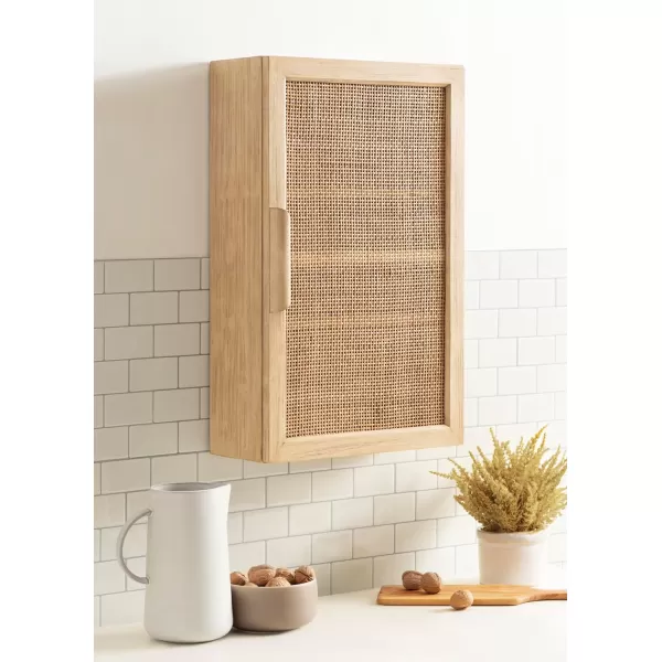Kate and Laurel Ori Transitional Cane Wall Cabinet with Door 15 x 7 x 24 Natural Wood Decorative Rattan Over The Toilet Cabinet with Two Shelves and Bonus Storage CubbyNatural