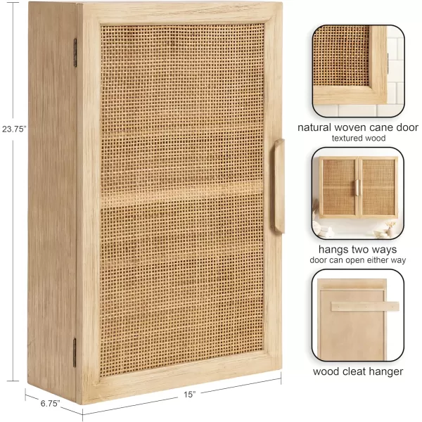 Kate and Laurel Ori Transitional Cane Wall Cabinet with Door 15 x 7 x 24 Natural Wood Decorative Rattan Over The Toilet Cabinet with Two Shelves and Bonus Storage CubbyNatural