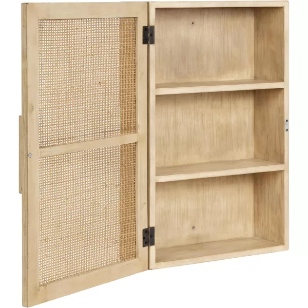 Kate and Laurel Ori Transitional Cane Wall Cabinet with Door 15 x 7 x 24 Natural Wood Decorative Rattan Over The Toilet Cabinet with Two Shelves and Bonus Storage CubbyNatural