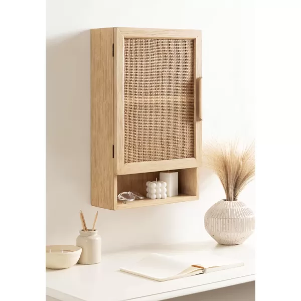 Kate and Laurel Ori Transitional Cane Wall Cabinet with Door 15 x 7 x 24 Natural Wood Decorative Rattan Over The Toilet Cabinet with Two Shelves and Bonus Storage CubbyNaturalCubby