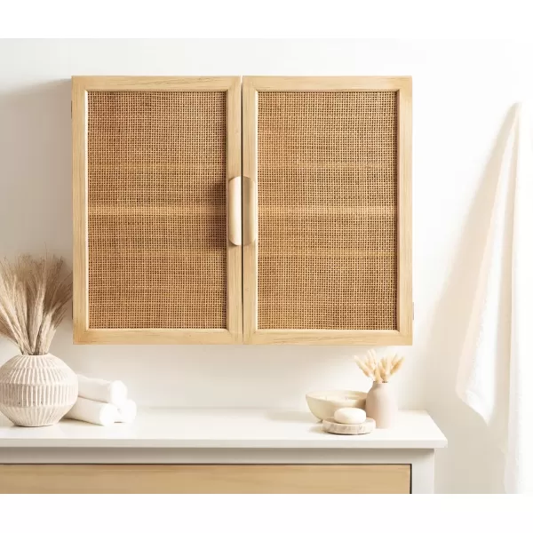 Kate and Laurel Ori Transitional Cane Wall Cabinet with Door 15 x 7 x 24 Natural Wood Decorative Rattan Over The Toilet Cabinet with Two Shelves and Bonus Storage CubbyNatural