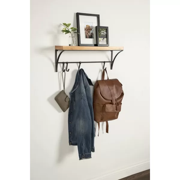 Kate and Laurel Ozias Farmhouse Shelf with Hooks 24 x 9 Rustic Brown and Black Sopisticated Coat Rack and Shelf for Storage and Display
