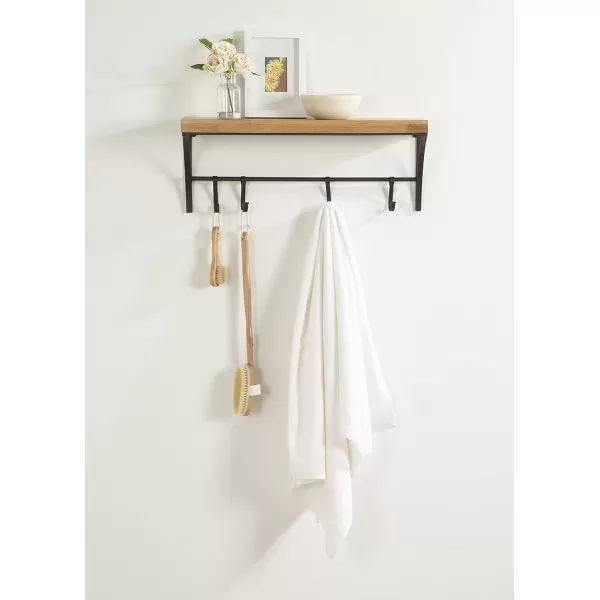 Kate and Laurel Ozias Farmhouse Shelf with Hooks 24 x 9 Rustic Brown and Black Sopisticated Coat Rack and Shelf for Storage and Display