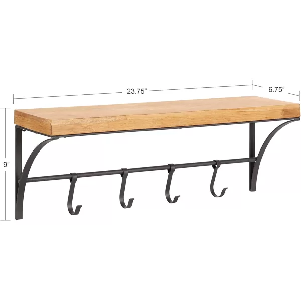 Kate and Laurel Ozias Farmhouse Shelf with Hooks 24 x 9 Rustic Brown and Black Sopisticated Coat Rack and Shelf for Storage and Display