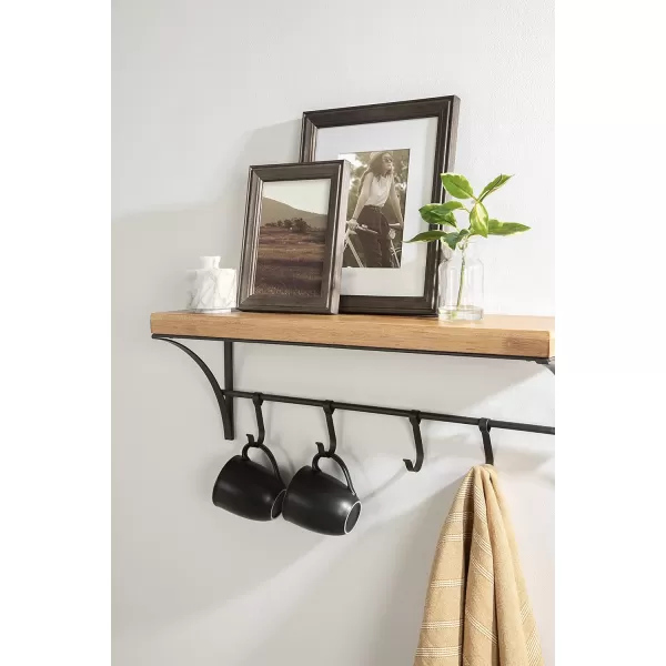Kate and Laurel Ozias Farmhouse Shelf with Hooks 24 x 9 Rustic Brown and Black Sopisticated Coat Rack and Shelf for Storage and Display