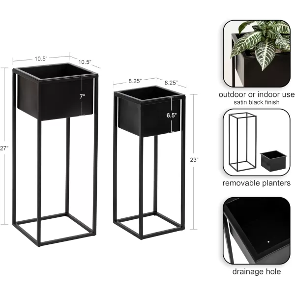 Kate and Laurel Palade Modern TwoPiece Metal Outdoor Planter Set 2 Piece Set Black Metal Indoor or Outdoor Planters with Geometric Base for Patio Plant Decor