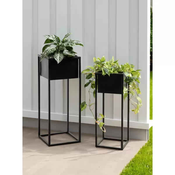 Kate and Laurel Palade Modern TwoPiece Metal Outdoor Planter Set 2 Piece Set Black Metal Indoor or Outdoor Planters with Geometric Base for Patio Plant Decor