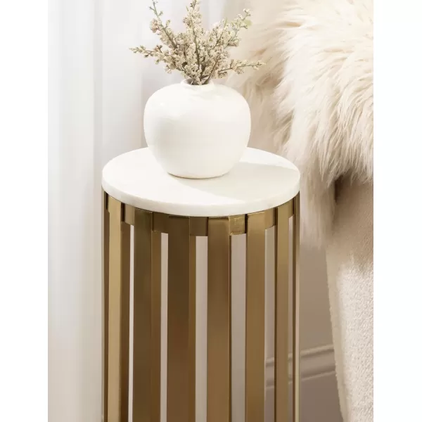 Kate and Laurel Paynter Marble Drink Table 9 x 24 White and Gold Tall Slatted Plant Stand Table with Marble Top for Use as Accent Living Room TableGold