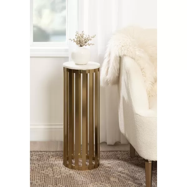 Kate and Laurel Paynter Marble Drink Table 9 x 24 White and Gold Tall Slatted Plant Stand Table with Marble Top for Use as Accent Living Room TableGold