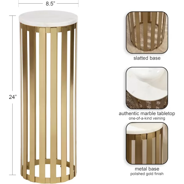 Kate and Laurel Paynter Marble Drink Table 9 x 24 White and Gold Tall Slatted Plant Stand Table with Marble Top for Use as Accent Living Room TableGold