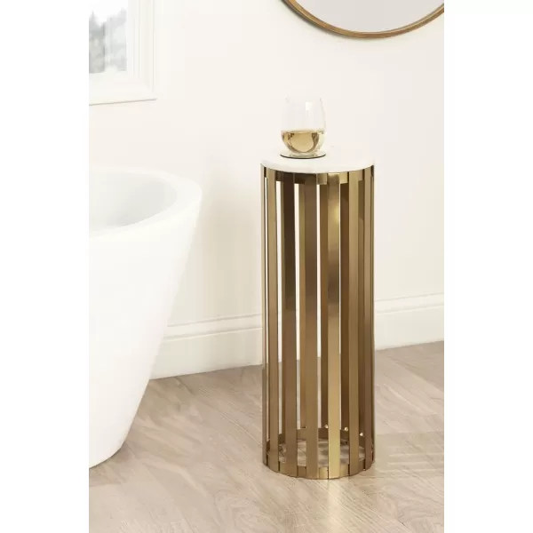 Kate and Laurel Paynter Marble Drink Table 9 x 24 White and Gold Tall Slatted Plant Stand Table with Marble Top for Use as Accent Living Room TableGold