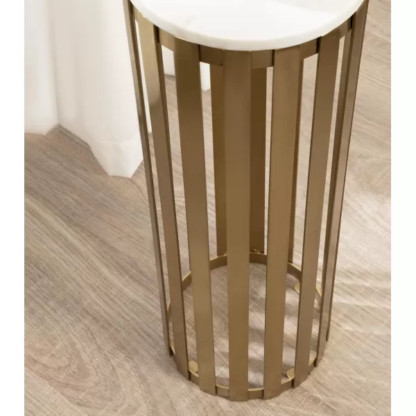 Kate and Laurel Paynter Marble Drink Table 9 x 24 White and Gold Tall Slatted Plant Stand Table with Marble Top for Use as Accent Living Room TableGold