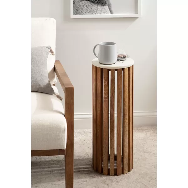 Kate and Laurel Paynter Marble Drink Table 9 x 24 White and Gold Tall Slatted Plant Stand Table with Marble Top for Use as Accent Living Room TableWhiteNatural