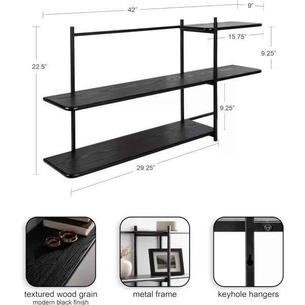 Kate and Laurel Ramone ThreeTiered Wall Shelf 42 x 23 Black Decorative Shelving Unit and Wall Organizer for Entryway Storage or Living Room Display Shelf