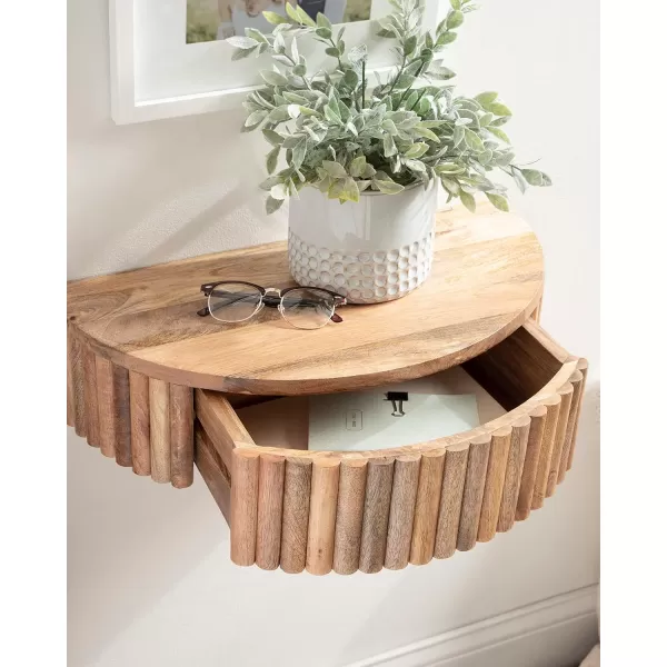 Kate and Laurel Reid Ribbed Wooden Floating Side Table with Drawer for Storage and Functionality 20x11x6 Walnut BrownNatural