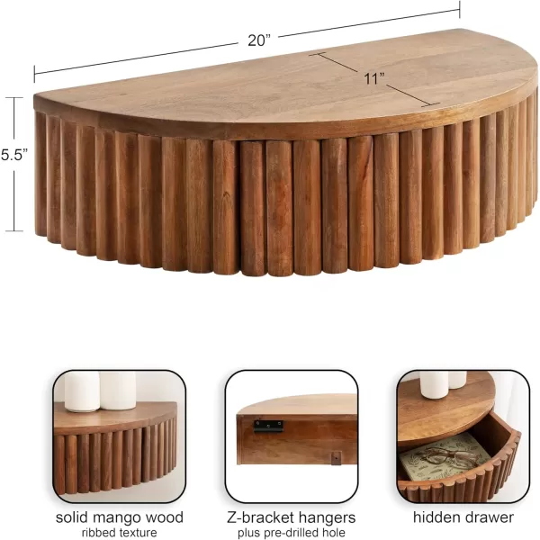 Kate and Laurel Reid Ribbed Wooden Floating Side Table with Drawer for Storage and Functionality 20x11x6 Walnut BrownWalnut Brown