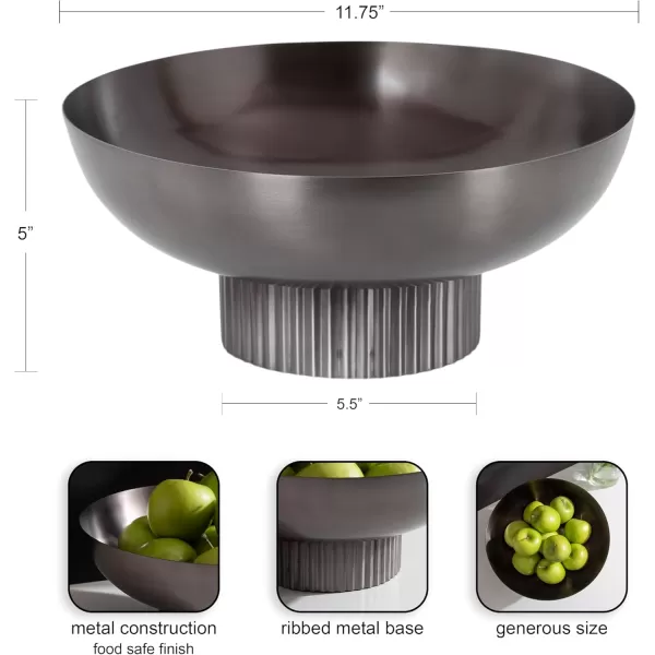Kate and Laurel Rooks Ribbed Decorative Metal Bowl 12 Inch Diameter Gray Gunmetal Modern Raised Fruit Bowl for Kitchen Counter or Use as a Key Bowl for an Entryway TablePewter