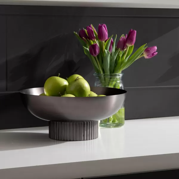 Kate and Laurel Rooks Ribbed Decorative Metal Bowl 12 Inch Diameter Gray Gunmetal Modern Raised Fruit Bowl for Kitchen Counter or Use as a Key Bowl for an Entryway TablePewter