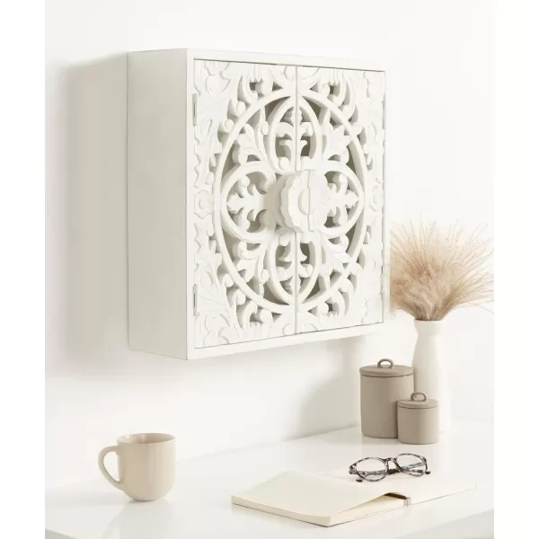 Kate and Laurel Saanvi Traditional Carved Wood Wall Cabinet 20 x 6 x 20 White Dimensional Over The Toilet Storage Cabinet for Bathroom Storage and Display