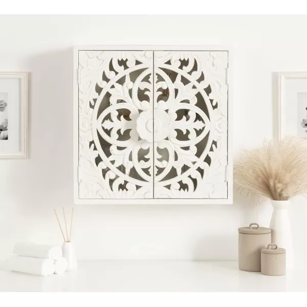 Kate and Laurel Saanvi Traditional Carved Wood Wall Cabinet 20 x 6 x 20 White Dimensional Over The Toilet Storage Cabinet for Bathroom Storage and Display