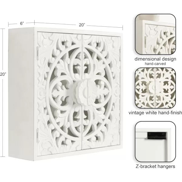 Kate and Laurel Saanvi Traditional Carved Wood Wall Cabinet 20 x 6 x 20 White Dimensional Over The Toilet Storage Cabinet for Bathroom Storage and Display