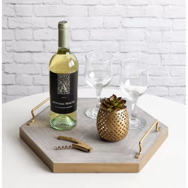 Kate and Laurel Sade Decorative Hexagon Tray with Handles 16quot Concrete Gray and Gold Modern Tray for Ottoman Centerpieces Or Bathroom and Bedroom Decor