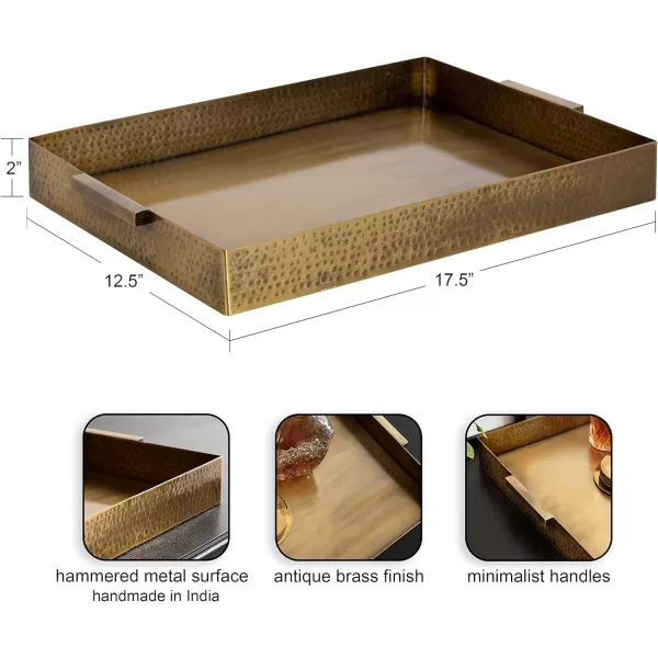 Kate and Laurel Samana Modern Glam Rectangle Metal Tray 18 x 13 x 2 Brass Rectangular Polished Stainless Steel Decorative Tray with Hammered Surface and Minimalist HandlesGold