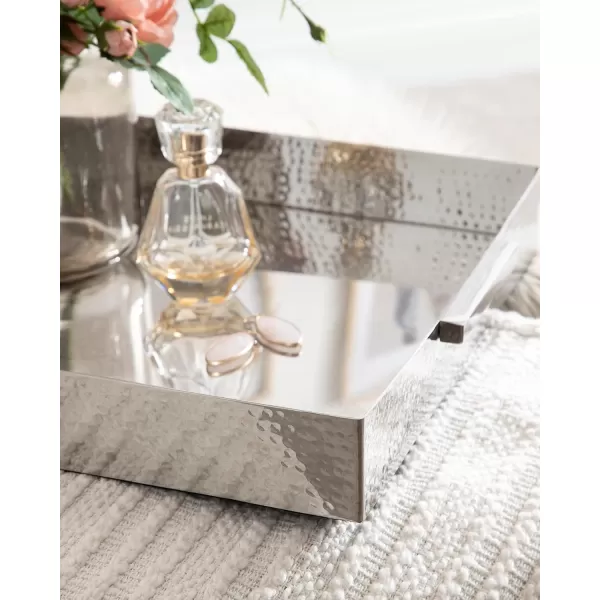 Kate and Laurel Samana Modern Glam Rectangle Metal Tray 18 x 13 x 2 Brass Rectangular Polished Stainless Steel Decorative Tray with Hammered Surface and Minimalist HandlesSilver