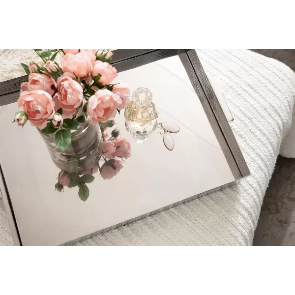 Kate and Laurel Samana Modern Glam Rectangle Metal Tray 18 x 13 x 2 Brass Rectangular Polished Stainless Steel Decorative Tray with Hammered Surface and Minimalist HandlesSilver
