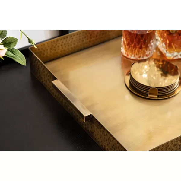 Kate and Laurel Samana Modern Glam Rectangle Metal Tray 18 x 13 x 2 Brass Rectangular Polished Stainless Steel Decorative Tray with Hammered Surface and Minimalist HandlesGold