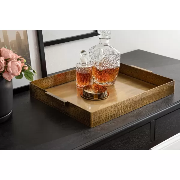 Kate and Laurel Samana Modern Glam Rectangle Metal Tray 18 x 13 x 2 Brass Rectangular Polished Stainless Steel Decorative Tray with Hammered Surface and Minimalist HandlesGold