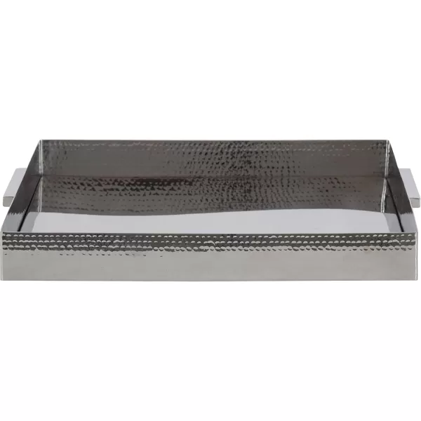 Kate and Laurel Samana Modern Glam Rectangle Metal Tray 18 x 13 x 2 Brass Rectangular Polished Stainless Steel Decorative Tray with Hammered Surface and Minimalist HandlesSilver