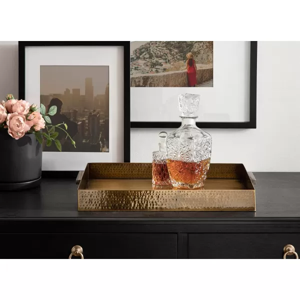 Kate and Laurel Samana Modern Glam Rectangle Metal Tray 18 x 13 x 2 Brass Rectangular Polished Stainless Steel Decorative Tray with Hammered Surface and Minimalist HandlesGold