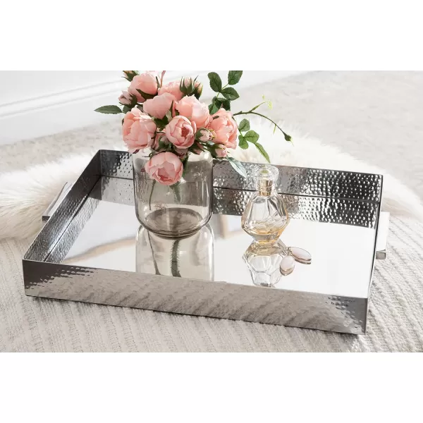 Kate and Laurel Samana Modern Glam Rectangle Metal Tray 18 x 13 x 2 Brass Rectangular Polished Stainless Steel Decorative Tray with Hammered Surface and Minimalist HandlesSilver